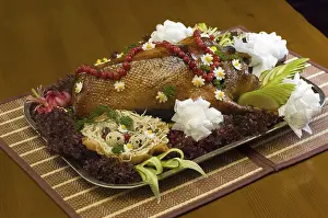 Grocery Store Food Photos Drucke: Dish with roast duck and vegetables on the table
