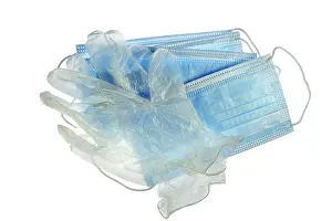 Face Mask Hygiene Drucke: Disposable clear plastic gloves and facemasks