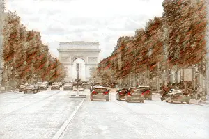Arc De Triomphe Paris Drucke: Distorted in color, Arc de Triomphe with the Champs Elysees