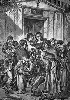 European Social History Drucke: Distributing soup in front of a monastery in Vienna