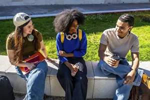 University Campus Setting Drucke: Diverse students, smiling and talking