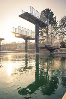Southern Germany Evening Sky Drucke: Diving tower with steps in the outdoor pool