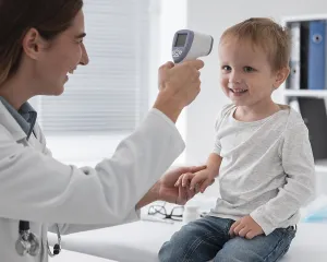 Pediatrician Examination Drucke: Doctor checking babys temperature