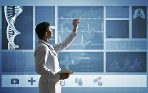 Future Of Medicine Drucke: Doctor works with digital interface