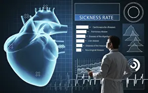 Healthcare System Navigation Drucke: The doctor works with a virtual interface
