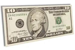 Drucke von Ein $10-Notgeldschein, der die Bildnisse von Alexander Hamilton und dem Großen Bären auf seiner Vorderseite zeigt Clackmannanshire Drucke: Vorderseite eines zehn-Dollar-Scheins