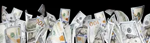 One Hundred Dollar Notes Drucke: Several one hundred dollar bills falling at base of black page