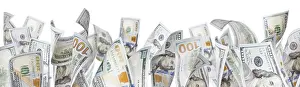US Dollar Note Falling Drucke: Several one hundred dollar bills falling at base of white page