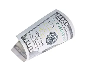 US Dollar Note Drucke: One hundred dollar bill falling or floating on empty background