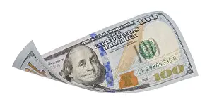 US Dollar Note Drucke: One hundred dollar bill falling or floating on empty background