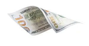 US Dollar Note Drucke: One hundred dollar bill falling or floating on empty background