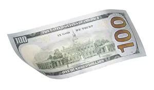 One Hundred Dollar Note Drucke: One hundred dollar bill falling or floating on empty background