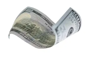 Symbolic Money Concept Drucke: One hundred dollar bill falling or floating on empty background