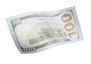 US Dollar Note Drucke: One hundred dollar bill falling or floating on empty background