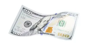 US Dollar Note Drucke: One hundred dollar bill falling or floating on empty background