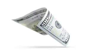 One Hundred Dollar Bill Drucke: One hundred dollar bill floating down to surface with drop shadow isolated on a white background