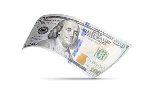 One Hundred Dollar Bill Drucke: One hundred dollar bill floating down to surface with drop shadow isolated on a white background