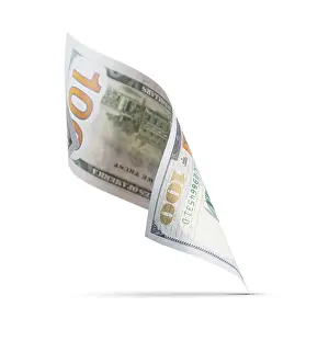 One Hundred Dollar Bill Drucke: One hundred dollar bill floating down to surface with drop shadow isolated on a white background