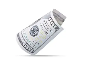 US Dollar Banknote Drucke: One hundred dollar bill floating down to surface with drop shadow isolated on a white background