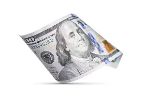 Dollar Banknote Drucke: One hundred dollar bill floating down to surface with drop shadow isolated on a white background