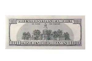 One Hundred Dollar Bill Drucke: The back of a one hundred dollar bill on a white background