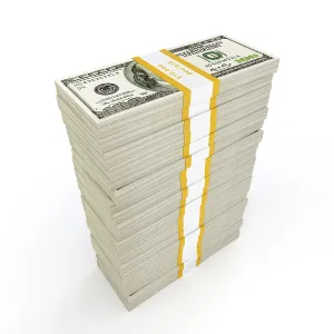 US Dollar Notes Stacked High Drucke: US dollars banknotes money stack on white