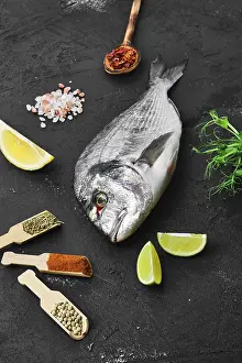 Freshly Prepared Meals Drucke: Dorada fish on the table with spice and herbs