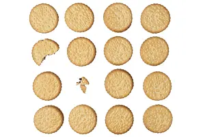 Studio Shot Dessert Drucke: Double biscuits in rows, one bitten into, on white