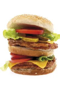 Studio Background Cuisine Drucke: Double cheeseburger with lettuce