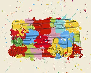 Red Double Decker Bus Drucke: Double decker sketch over colored splats