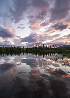 Northern Europe Evening Light Drucke: Dramatic sunset by the river Namsen with reflection