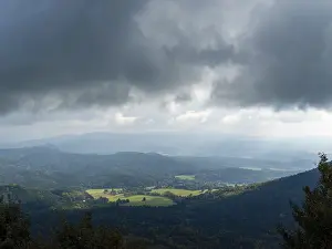 Overcast Sky Middle Europe Drucke: Dramatic weather with dark clouds over low mountain ranges