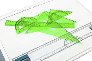 Measuring Instruments Drucke: Drawing board with measuring instruments on a white background