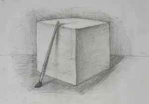Monochrome Artwork Drucke: A drawing features a three-dimensional cube sitting on a flat surface