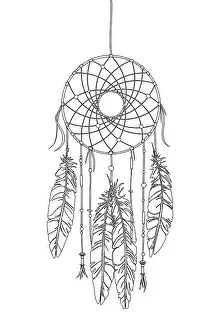 White Background Drawing Drucke: Dreamcatcher vector drawing outlined over white background