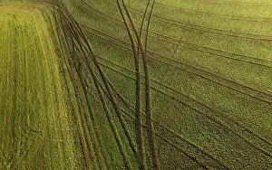Agricultural Landscape From Above Drucke: Drone image, structures on a mown meadow with ruts