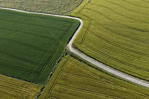 Drone Photography In Oberosterreich Drucke: Drone shot, field path leading between grain fields