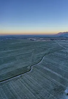Sunrise In Bavaria Drucke: Drone shot, fields with hoarfrost