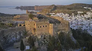 Drone Shot Of Lindos Acropolis Drucke: Drone shot, first morning light