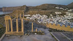 Drone Shot Of Lindos Acropolis Drucke: Drone shot, first morning light