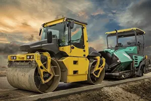 Construction Site Vehicles Drucke: Drum roller and asphalt spreading machine