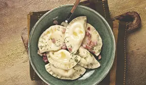 Traditional Polish Dish Drucke: Dumplings, with fried prosciutto