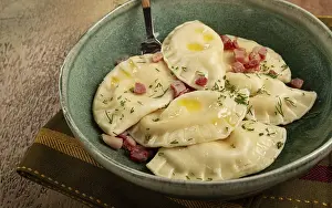 Traditional Polish Dish Drucke: Dumplings, with fried prosciutto