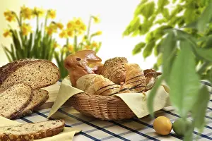 Colorful Still Life Drucke: Easter basket with pastries, bread