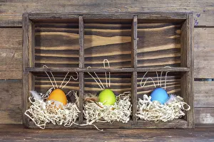 Traditional Easter Traditions Drucke: Easter eggs with bunny ears in the nests in cell boxes