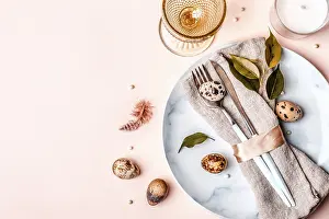 Pastel Color Scheme Drucke: Easter festive table setting in natural style