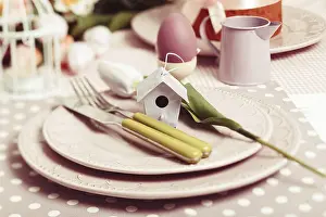 Ornamental Plant Arrangement Drucke: Easter serving, lilac plates and green flatware and decor