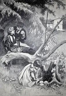 Authentic Woodcut Print Drucke: Easter time, the child has found an Easter basket with Easter eggs