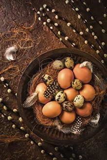 Willow Tree Blossom Drucke: Eggs with pussy willow branches on rustic background