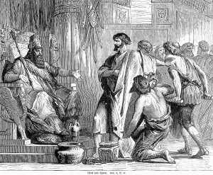 Ehud und Eglon im Innenraum auf dem Thron